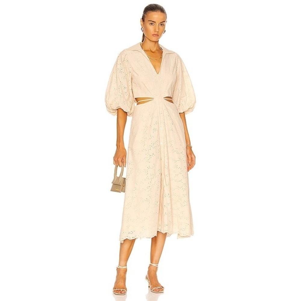 Jonathan Simkhai Frida Oat V-Neck Eyelet Button Front Puff Sleeve Midi Dress NWT